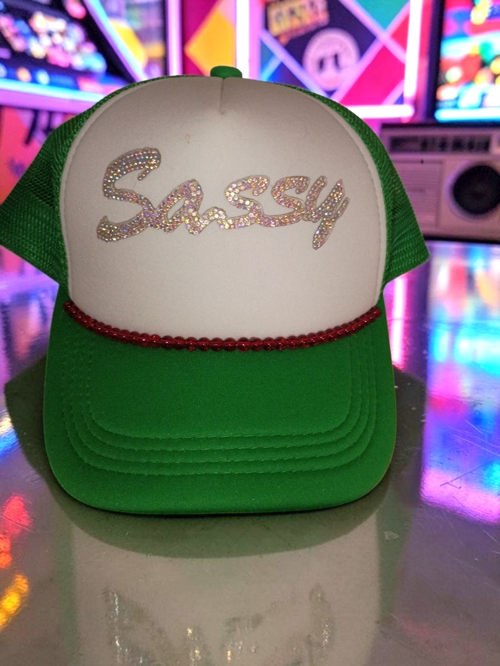 'Sassy' Green and White Trucker Hat with Rhinestone Script